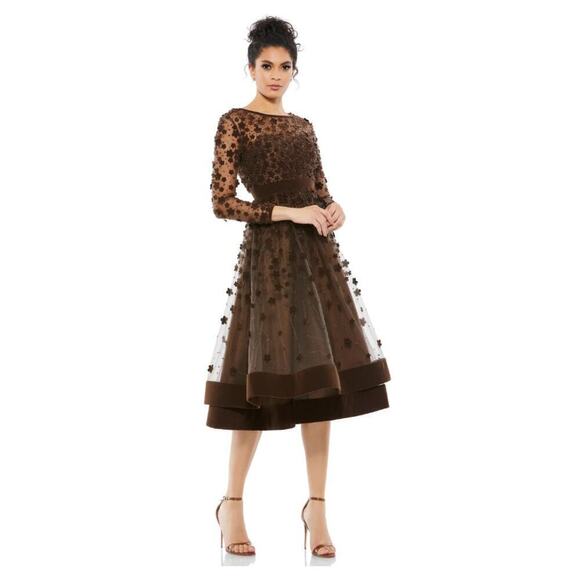 Mac Duggal Embellished Illusion High Neck Fit & Flare Chocolate Brown SZ 14 NWT - Picture 1 of 11
